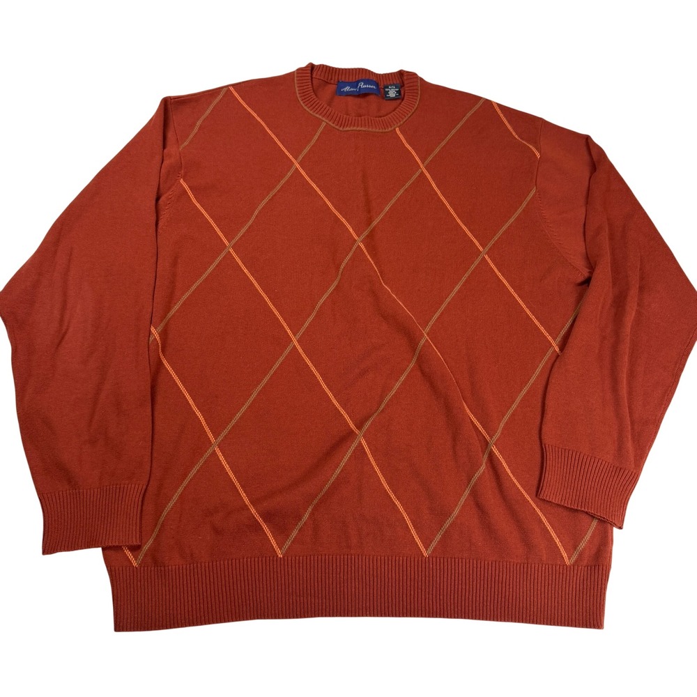 Alan Flusser Mens XL Rust Orange Argyle Diamond Knit Cotton Crewneck Sweater